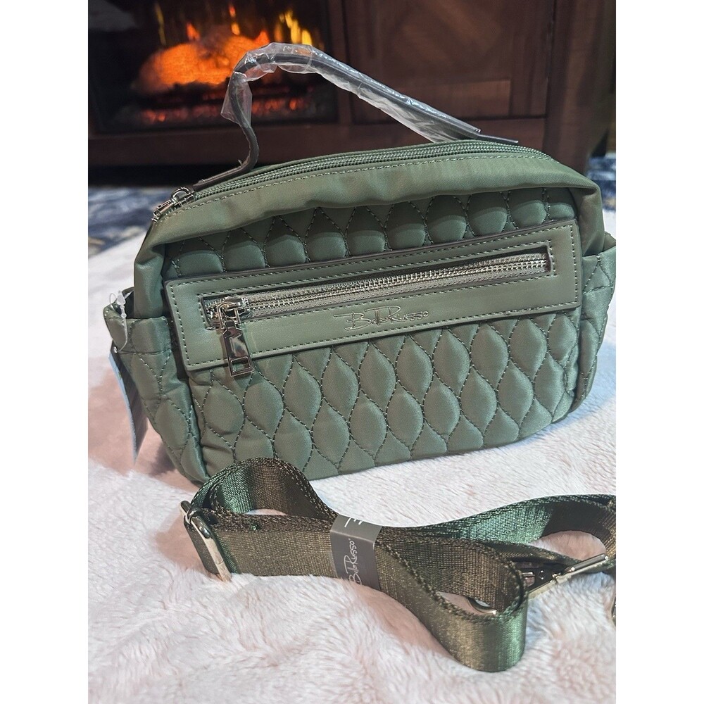 Bella Russo NWT Olive Green Quilted Crossbody Bag Top Handle Wide Strap 8.7”
